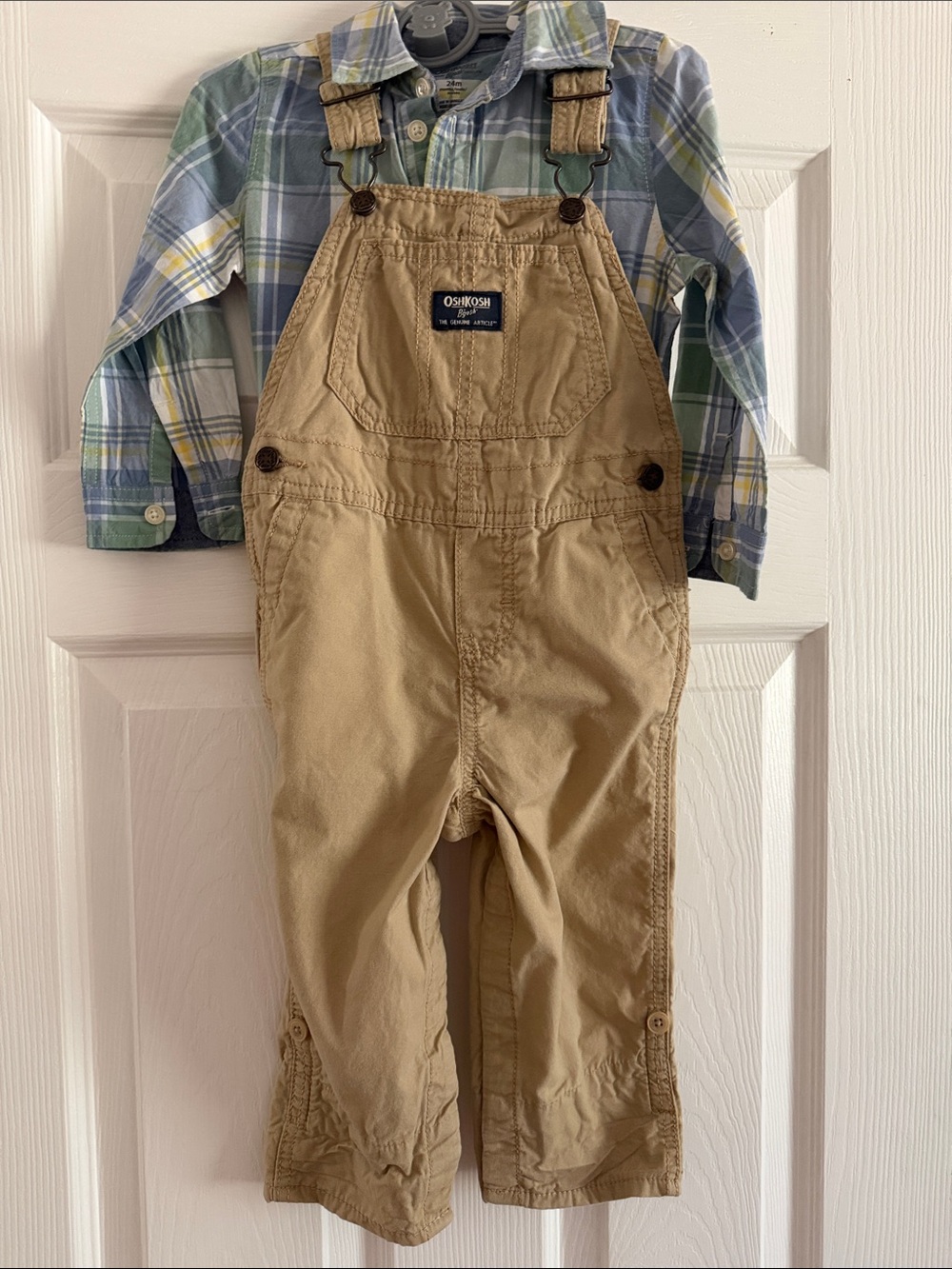 OshKosh B'gosh Tan Toddler Overalls with Blue & Green Plaid Undershirt 24 Month
